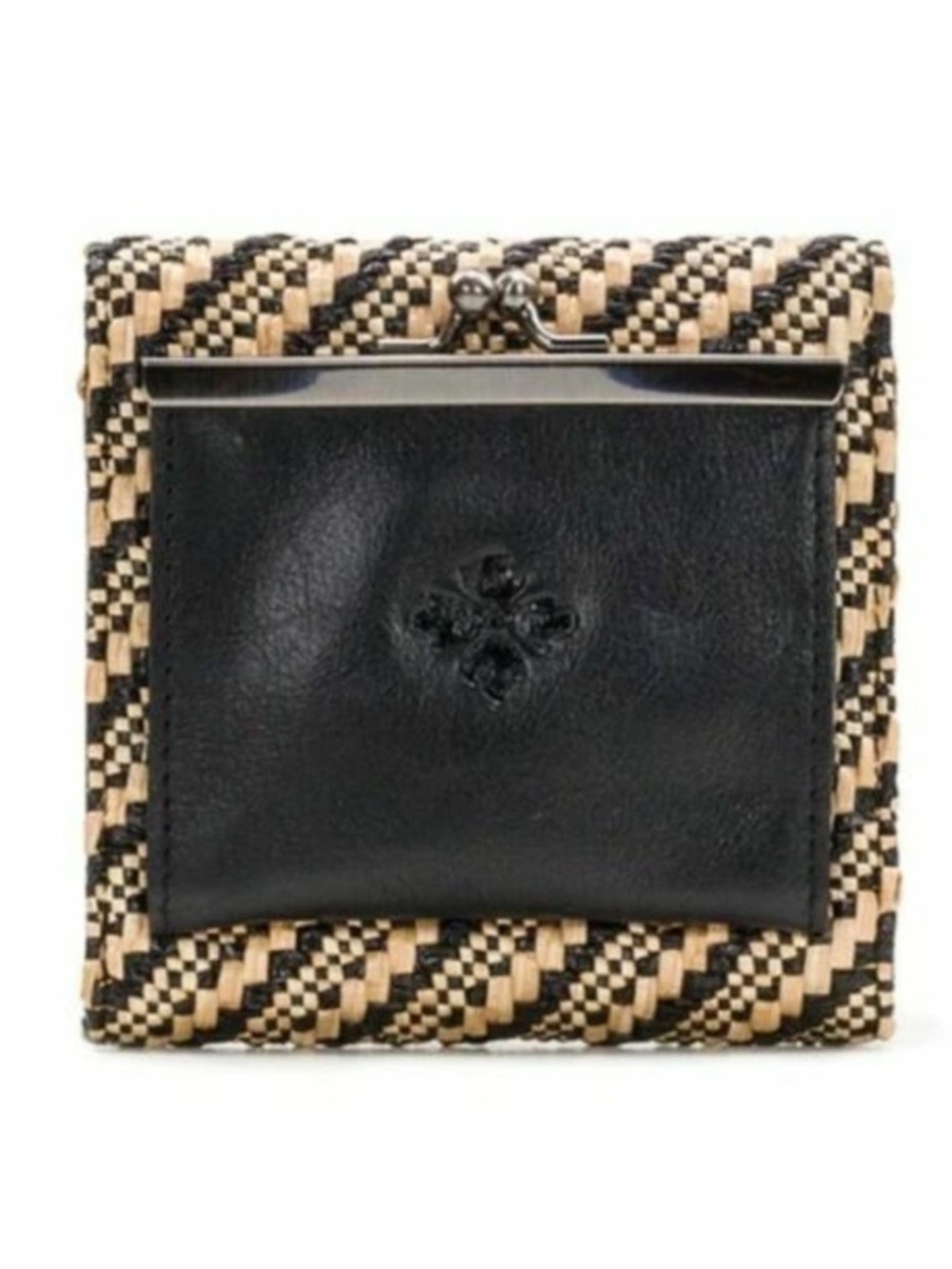 Patricia Nash Black Leather & Woven Straw Square Compact Wallet
